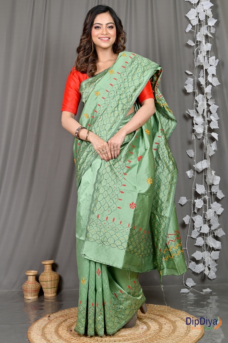 Emerald Green Cotton Blended Soumika Kantha Stitch Saree (592)