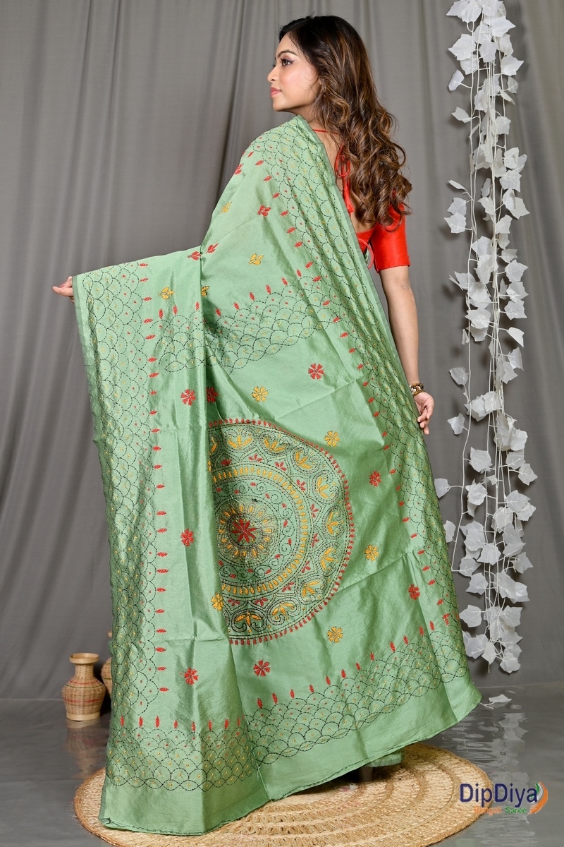 Emerald Green Cotton Blended Soumika Kantha Stitch Saree (592)