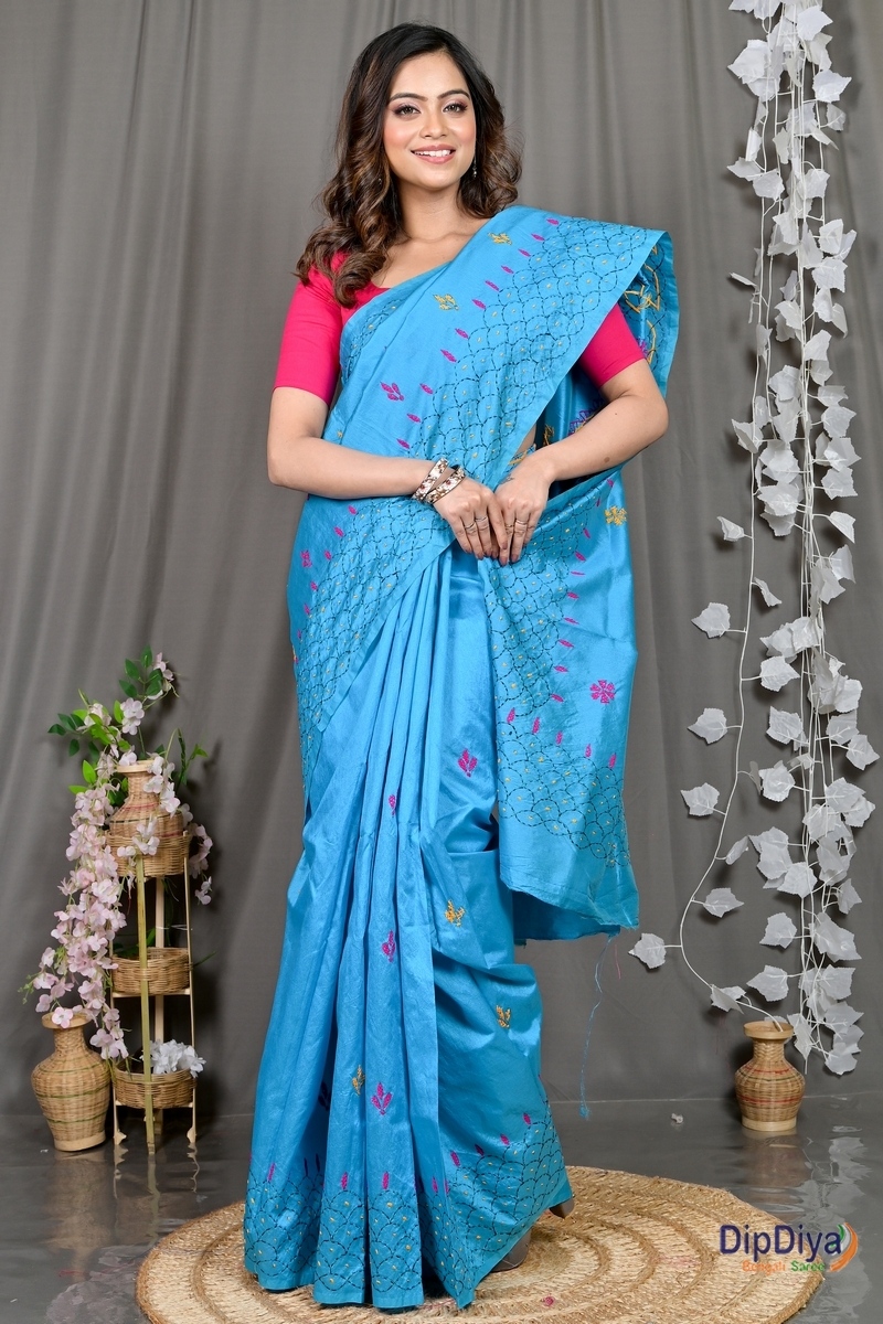 Sky Blue Cotton Blended Soumika Kantha Stitch Saree (593)