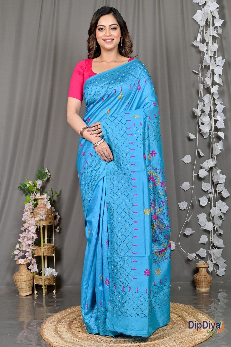 Sky Blue Cotton Blended Soumika Kantha Stitch Saree (593)