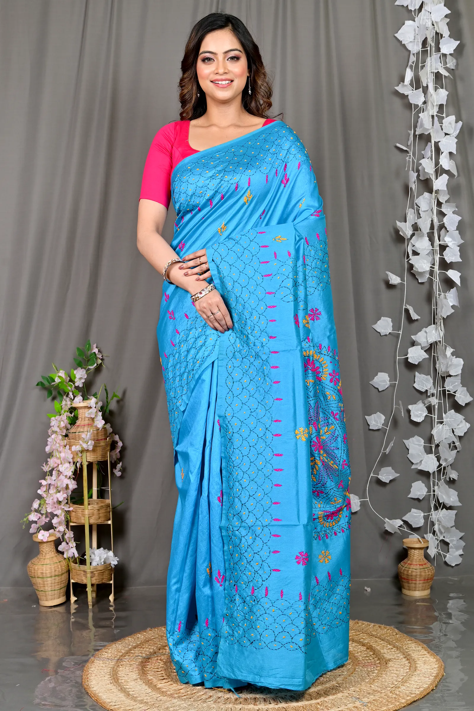 Sky Blue Cotton Blended Soumika Kantha Stitch Saree (593)