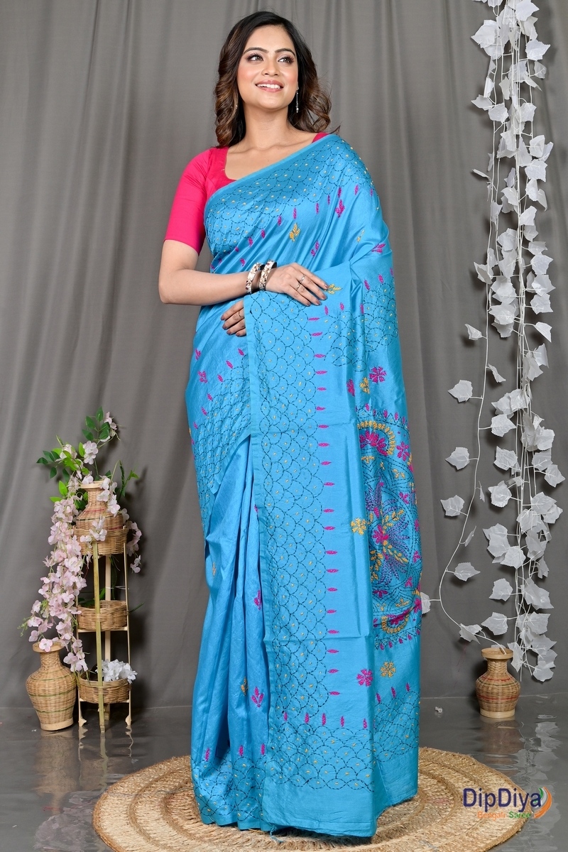 Sky Blue Cotton Blended Soumika Kantha Stitch Saree (593)