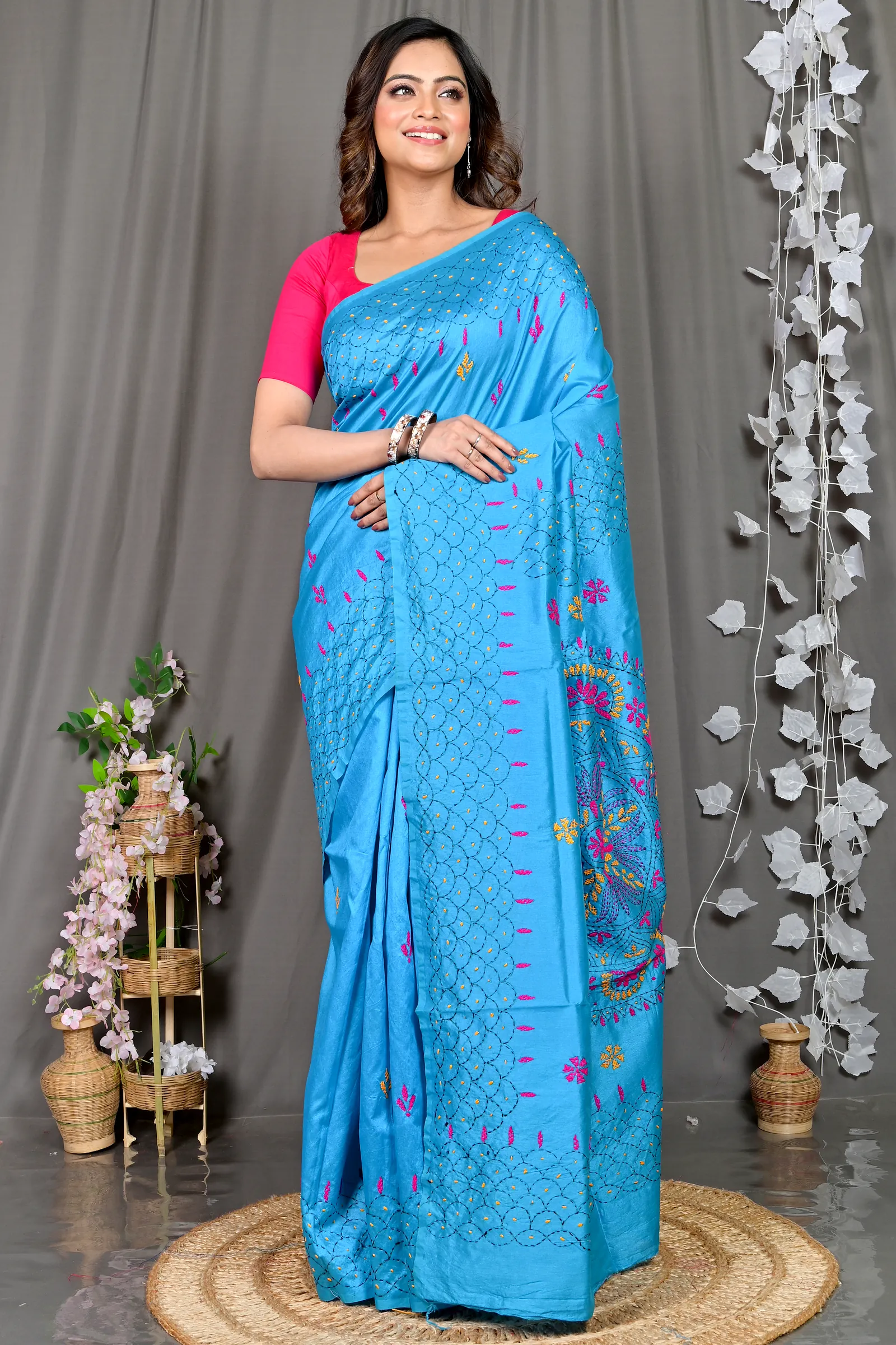 Sky Blue Cotton Blended Soumika Kantha Stitch Saree (593)