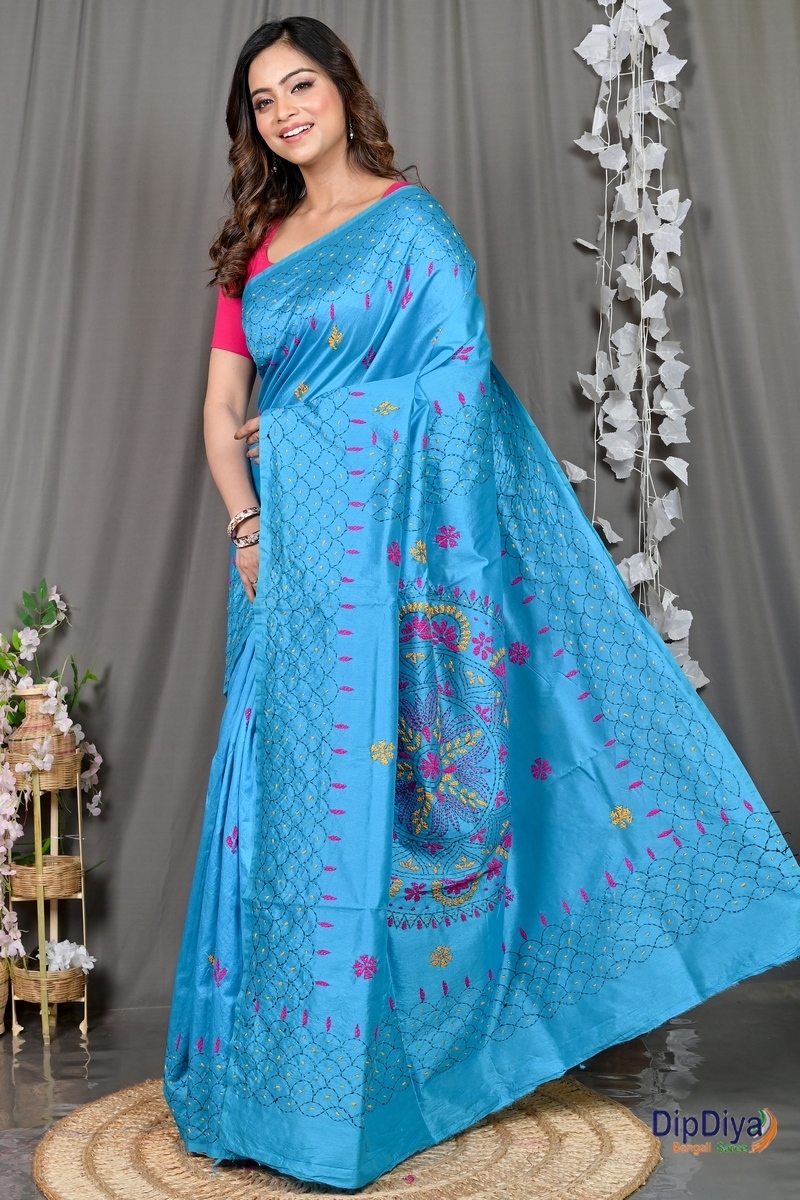 Sky Blue Cotton Blended Soumika Kantha Stitch Saree (593)