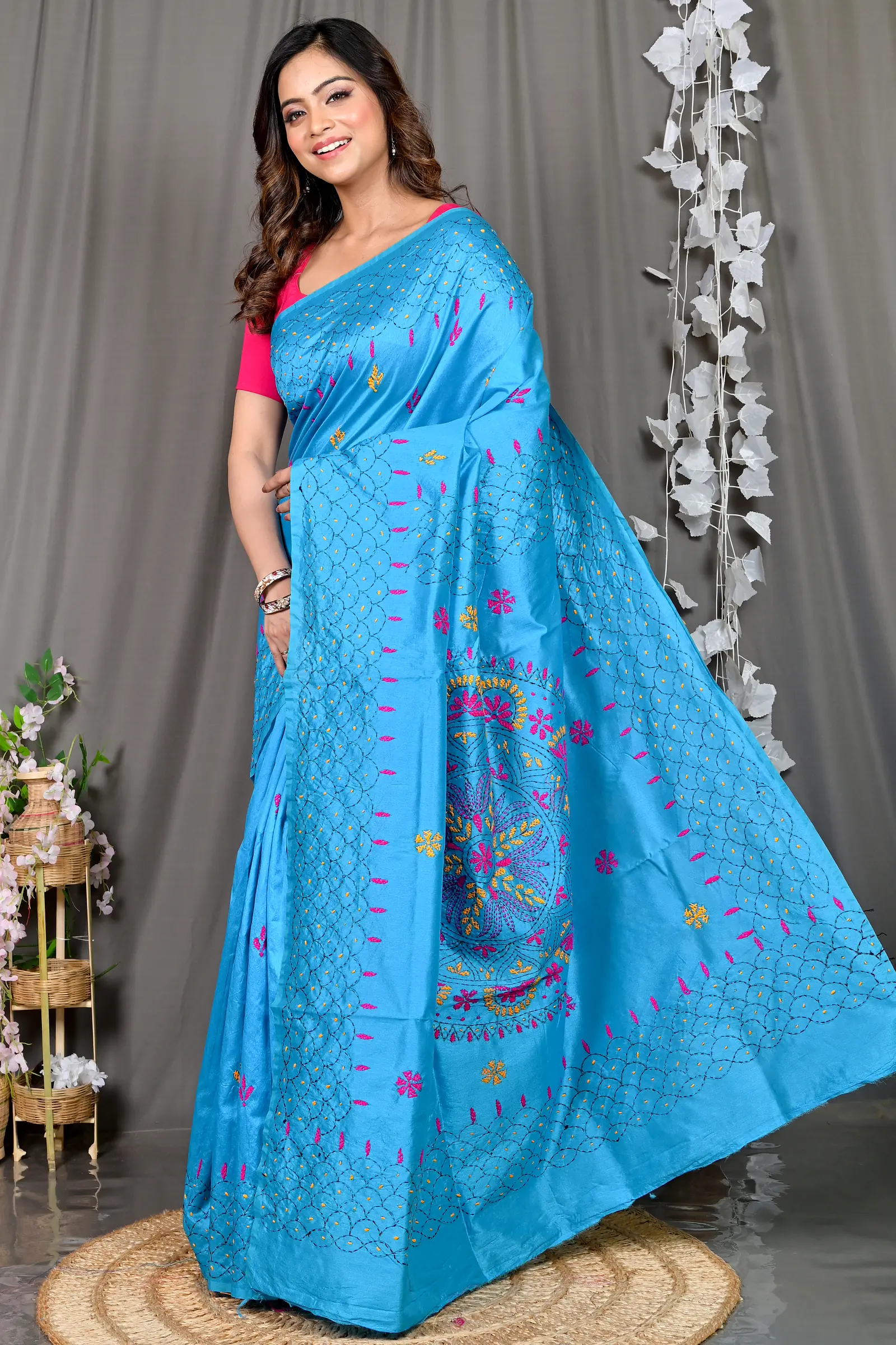 Sky Blue Cotton Blended Soumika Kantha Stitch Saree (593)