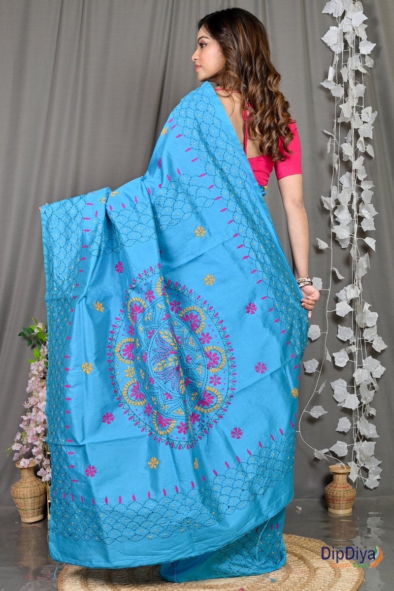 Sky Blue Cotton Blended Soumika Kantha Stitch Saree (593)