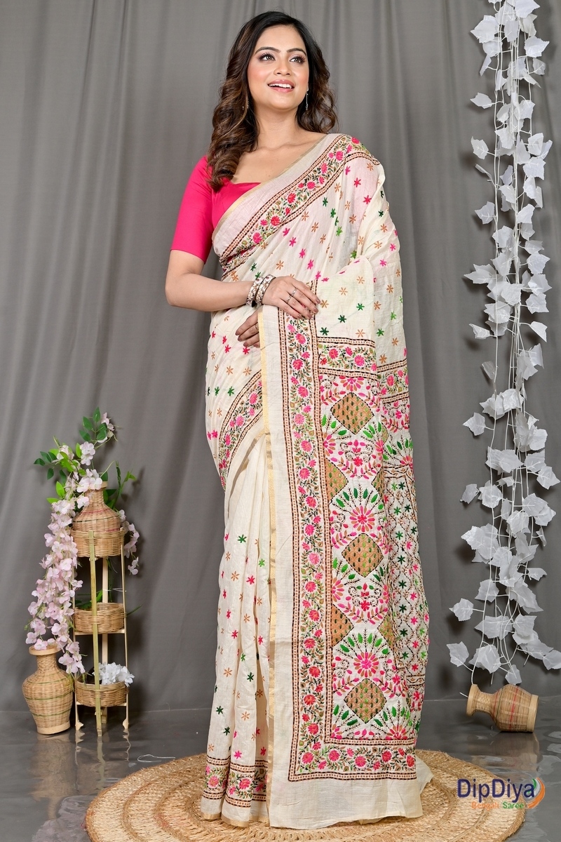 White Cotton Varitikath Kantha Stitch Saree (594)