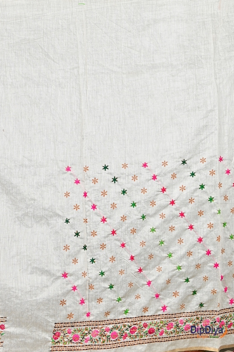 White Cotton Varitikath Kantha Stitch Saree (594)