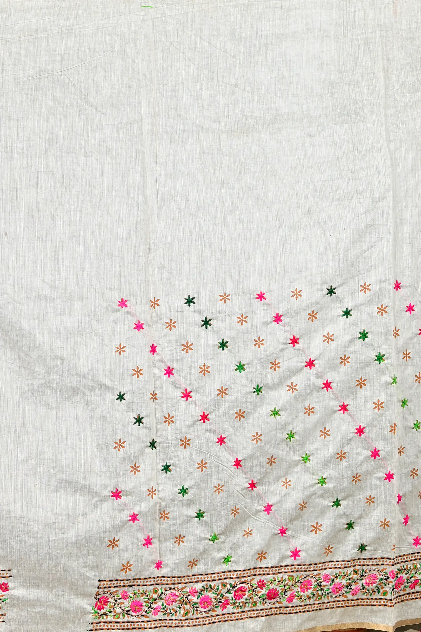 White Cotton Varitikath Kantha Stitch Saree (594)