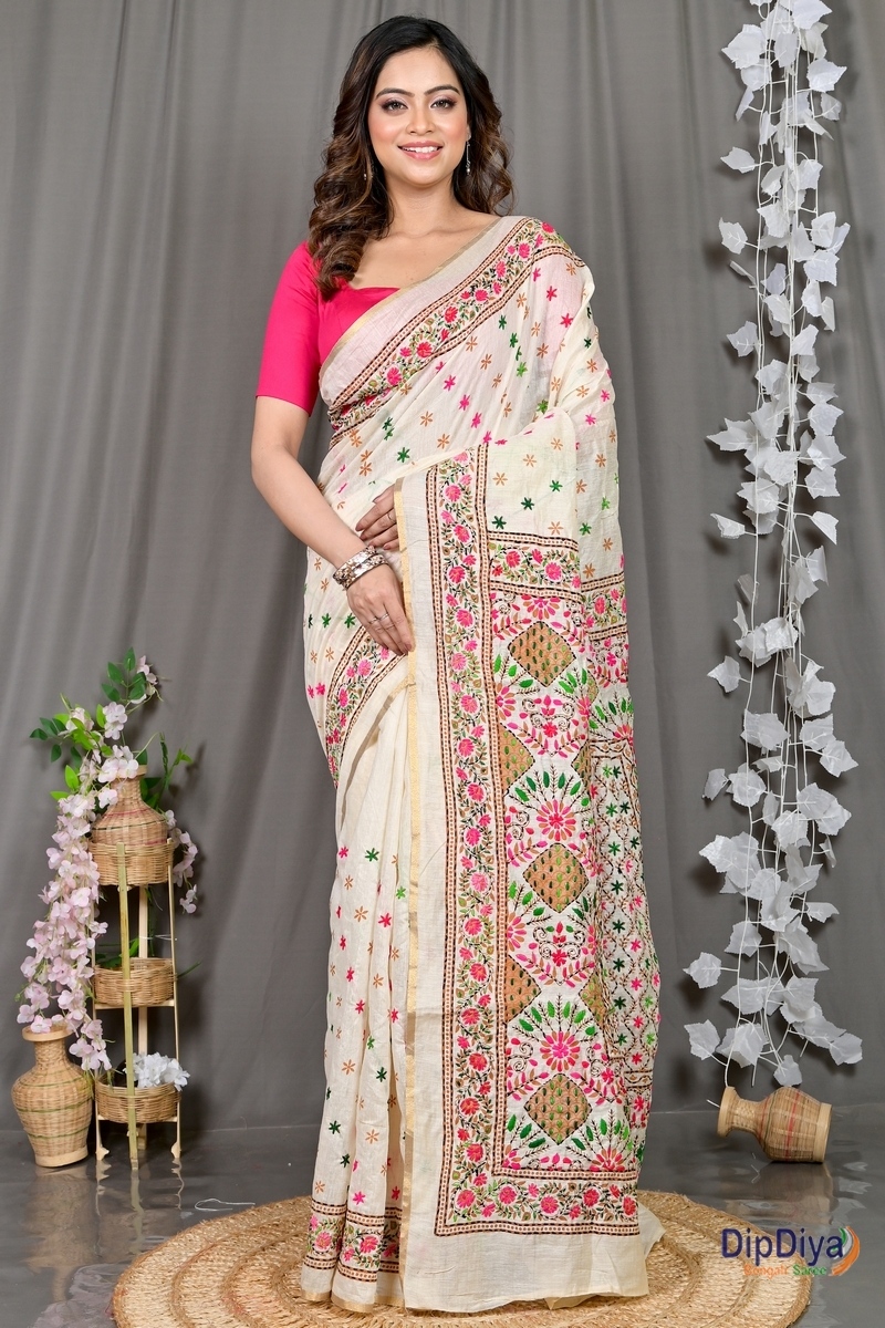 White Cotton Varitikath Kantha Stitch Saree (594)