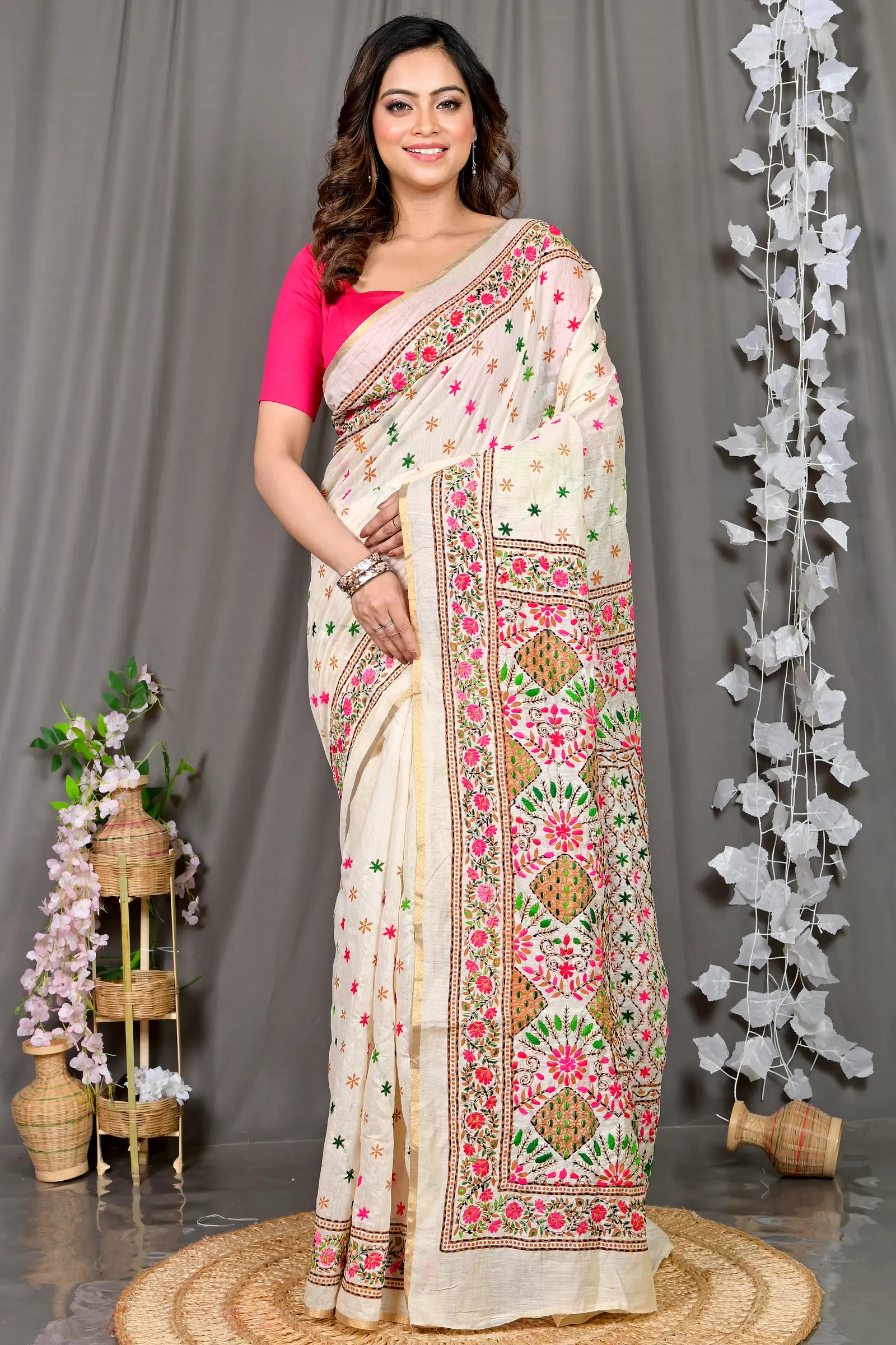 White Cotton Varitikath Kantha Stitch Saree (594)