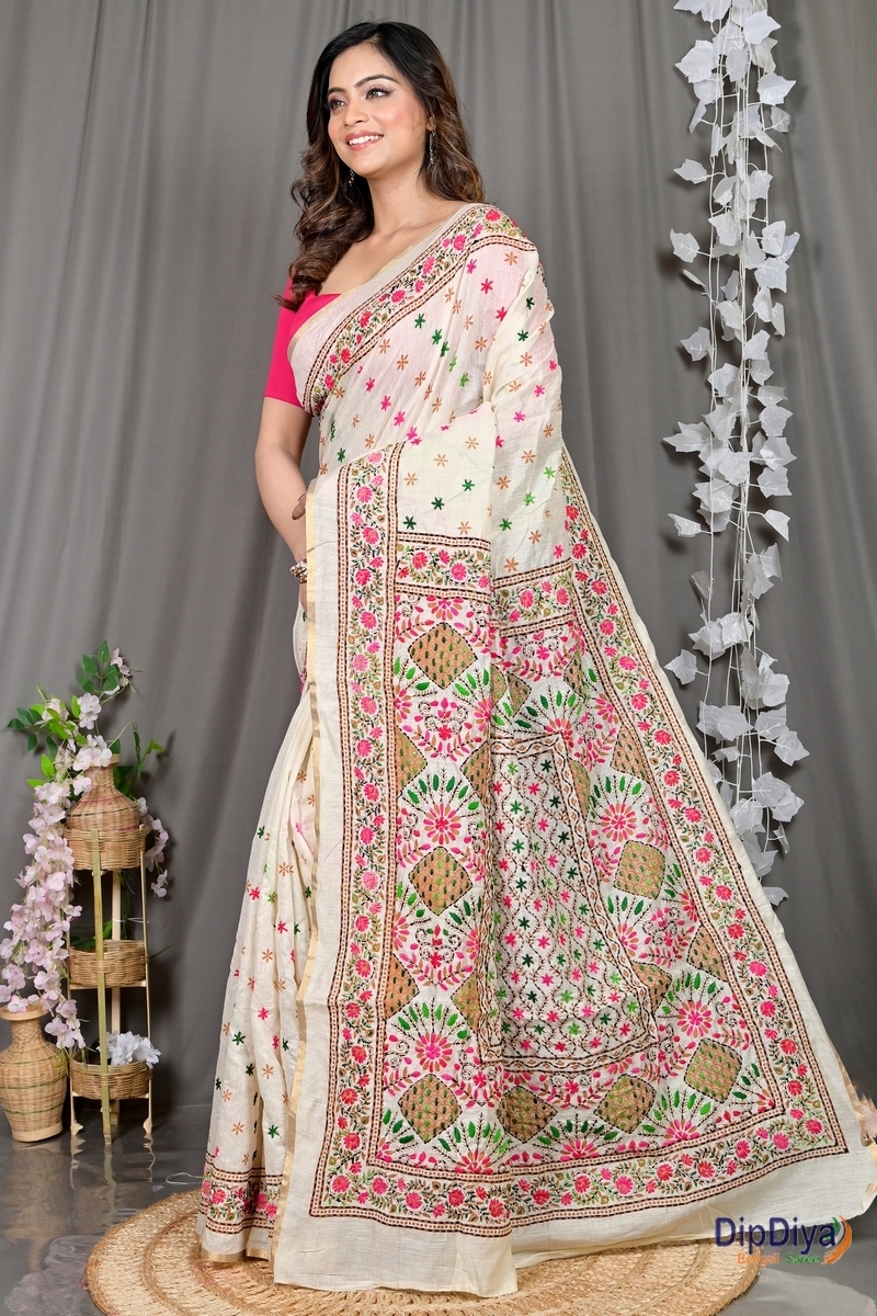 White Cotton Varitikath Kantha Stitch Saree (594)