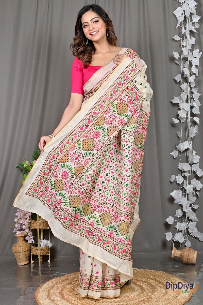 White Cotton Varitikath Kantha Stitch Saree (594)