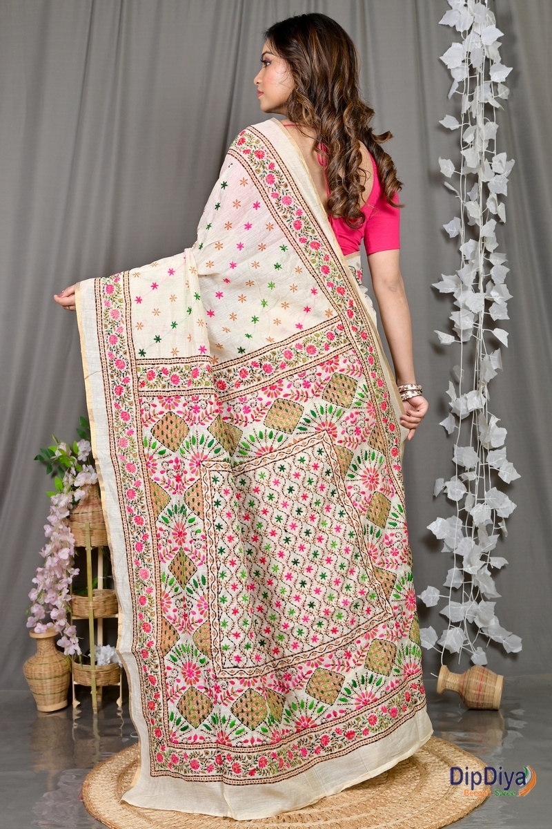 White Cotton Varitikath Kantha Stitch Saree (594)