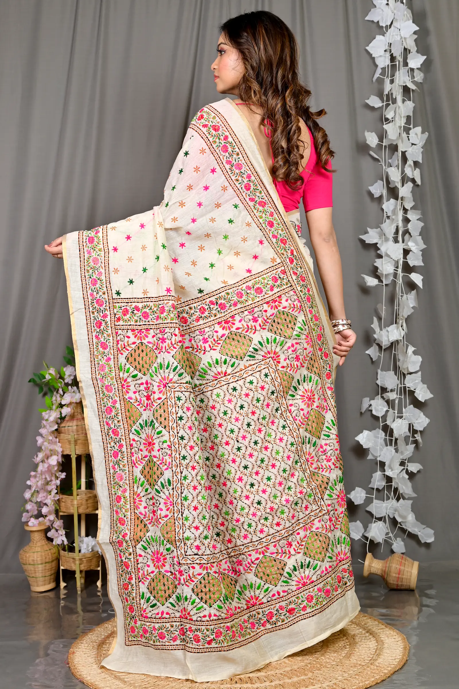 White Cotton Varitikath Kantha Stitch Saree (594)