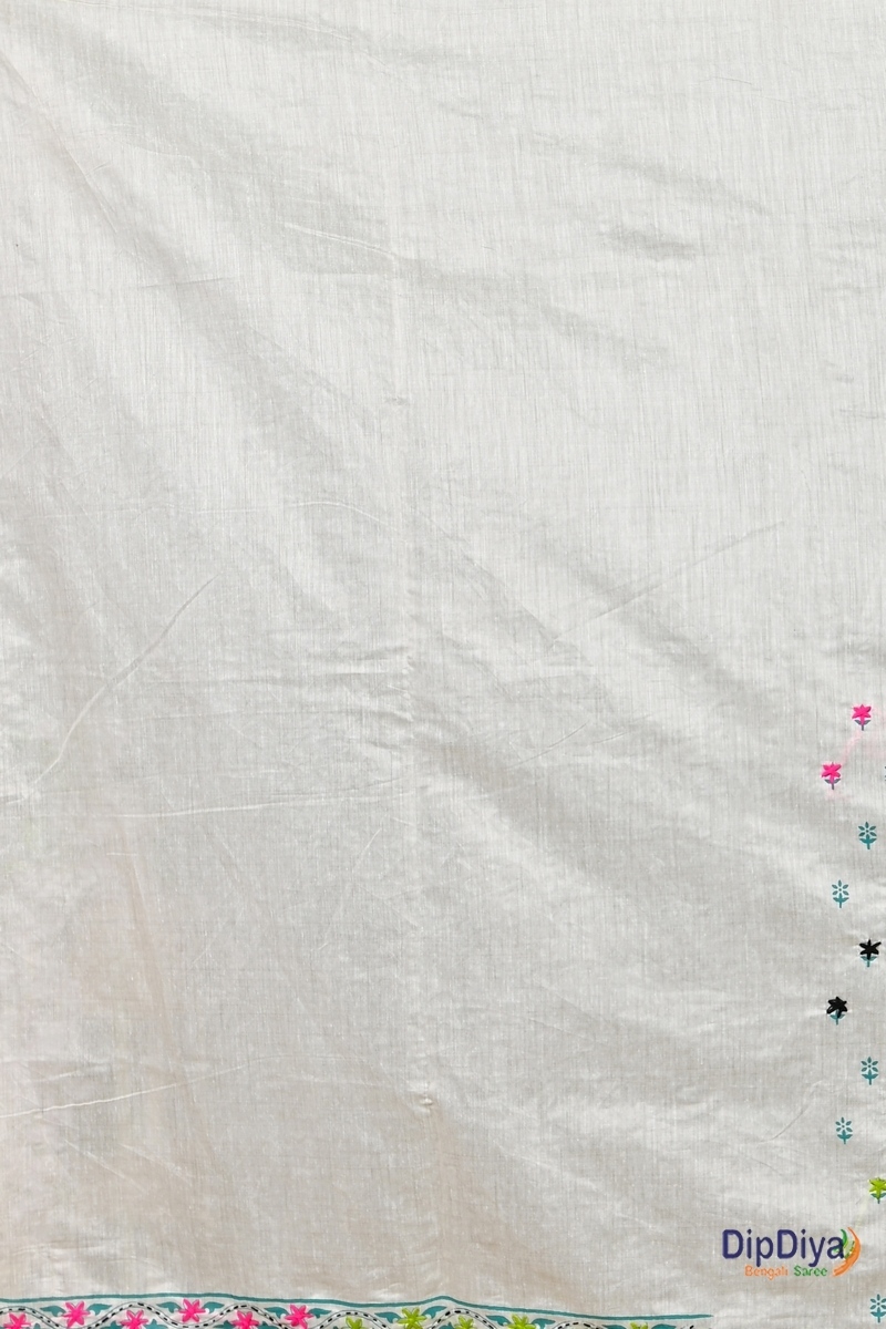 White Cotton Varitikath Kantha Stitch Saree (596)