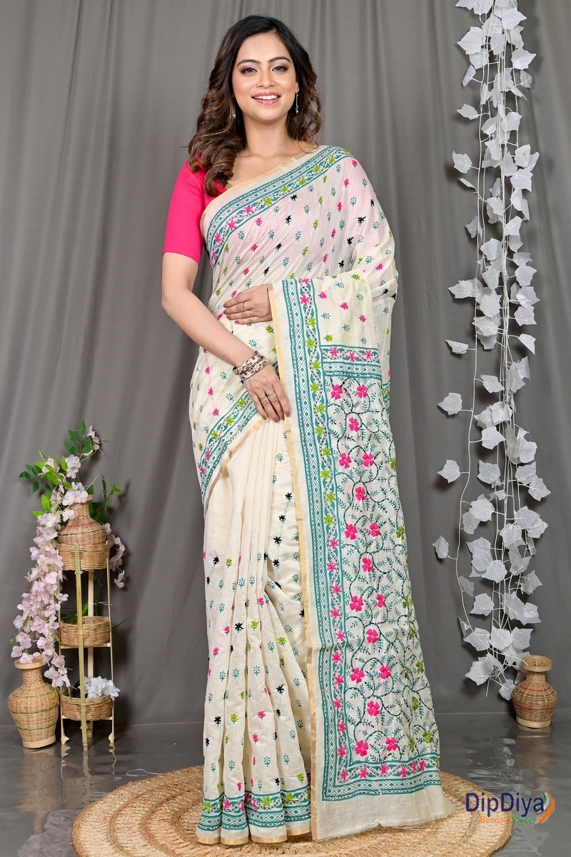 White Cotton Varitikath Kantha Stitch Saree (596)