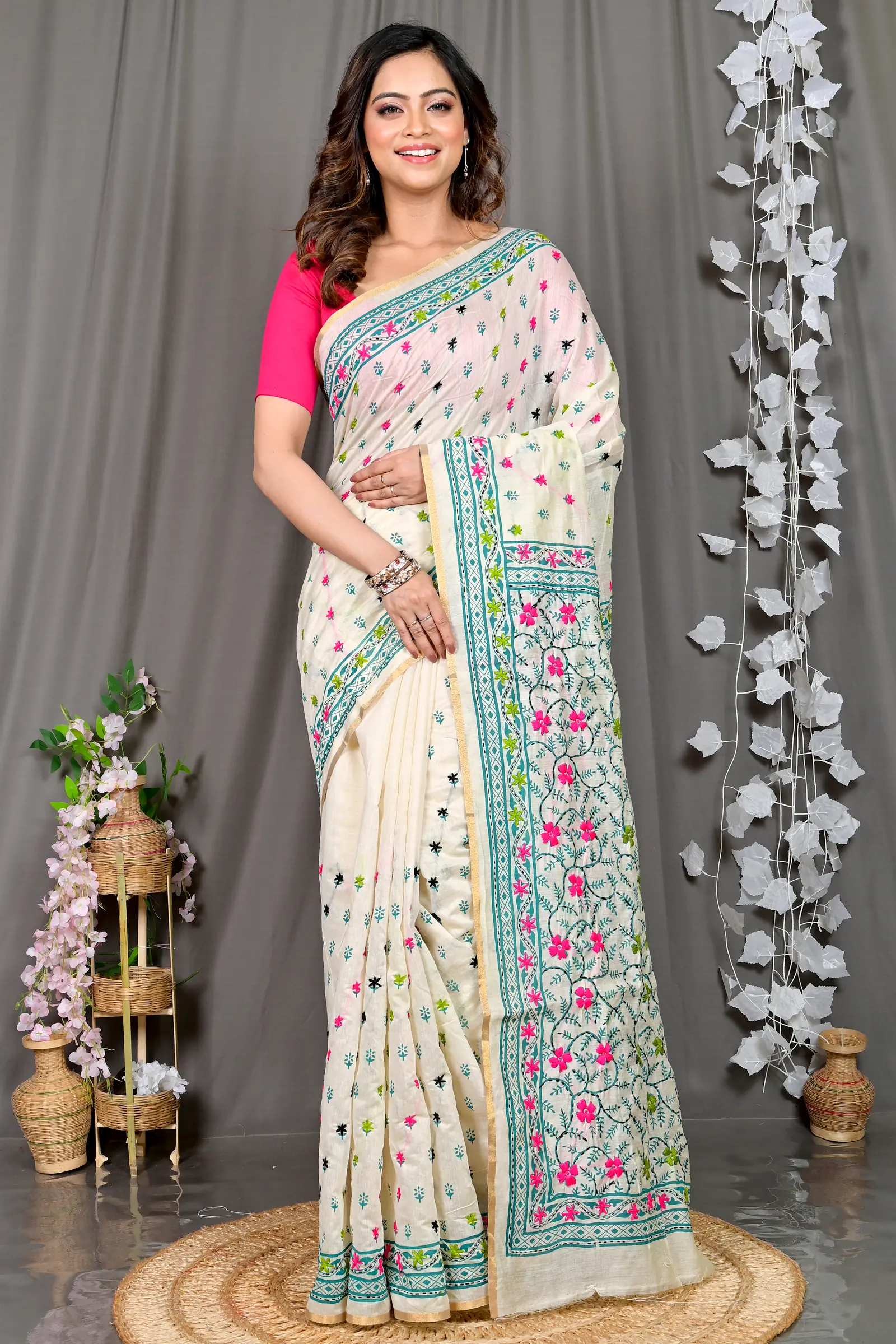 White Cotton Varitikath Kantha Stitch Saree (596)