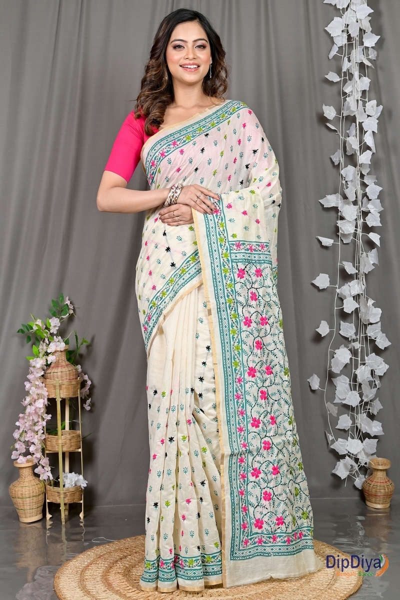 White Cotton Varitikath Kantha Stitch Saree (596)