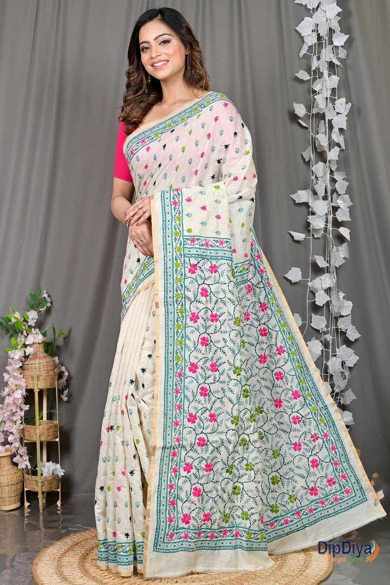 White Cotton Varitikath Kantha Stitch Saree (596)