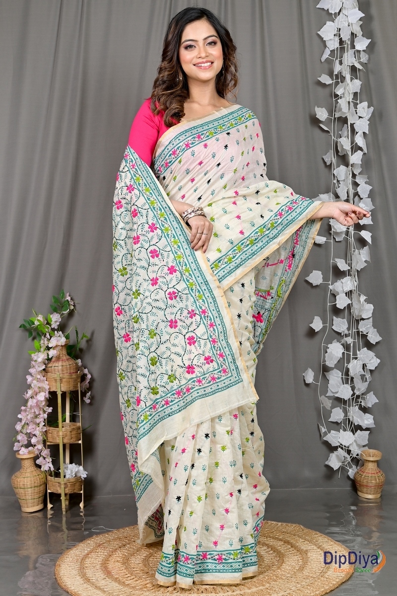White Cotton Varitikath Kantha Stitch Saree (596)