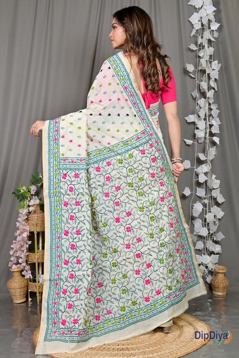 White Cotton Varitikath Kantha Stitch Saree (596)