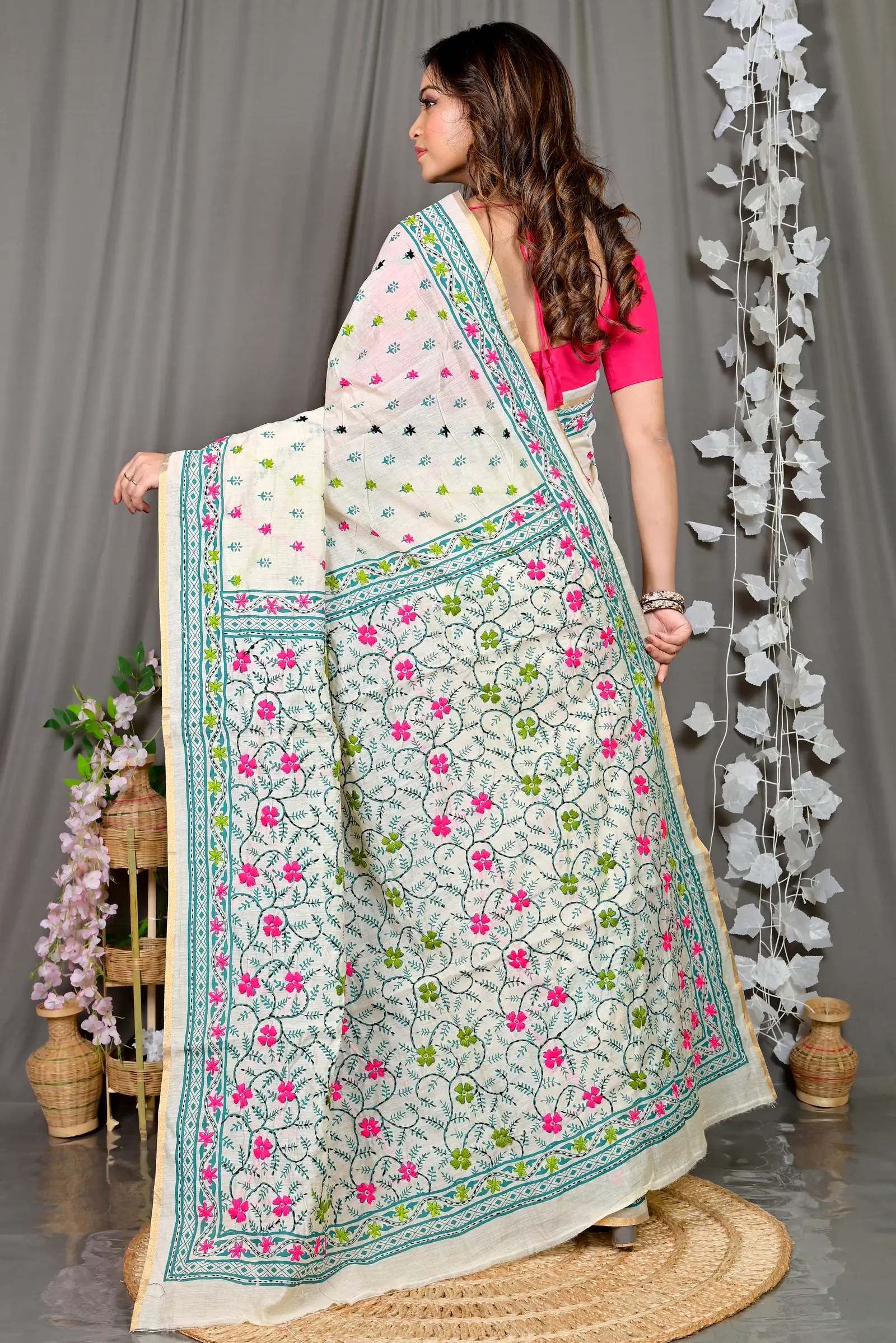 White Cotton Varitikath Kantha Stitch Saree (596)