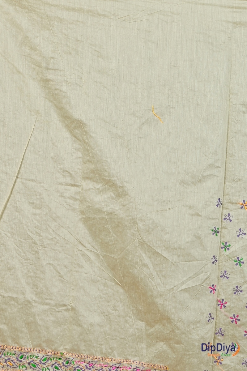 Off-White Cotton Varitikath Kantha Stitch Saree (597)