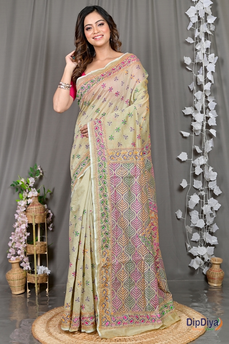 Off-White Cotton Varitikath Kantha Stitch Saree (597)