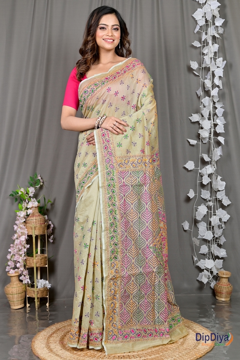 Off-White Cotton Varitikath Kantha Stitch Saree (597)