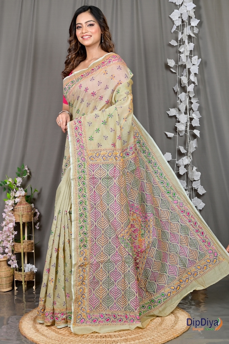 Off-White Cotton Varitikath Kantha Stitch Saree (597)