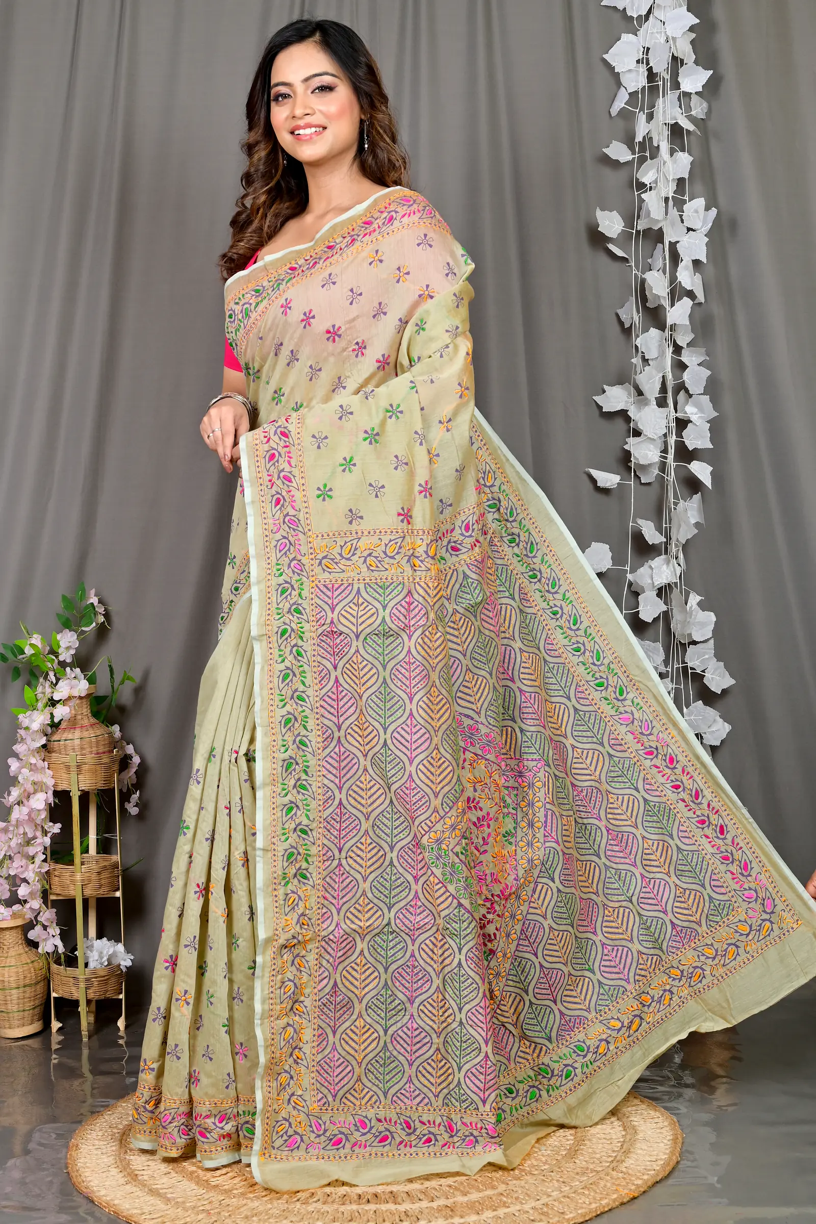 Off-White Cotton Varitikath Kantha Stitch Saree (597)