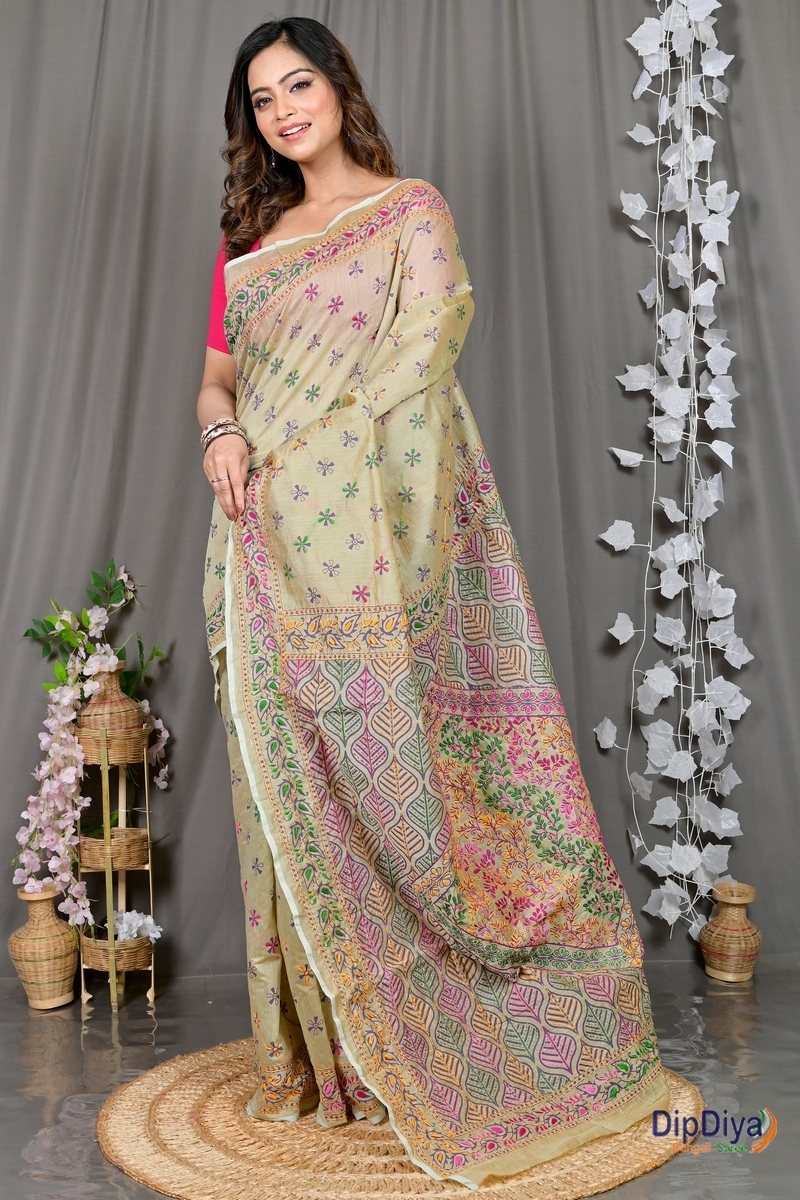 Off-White Cotton Varitikath Kantha Stitch Saree (597)