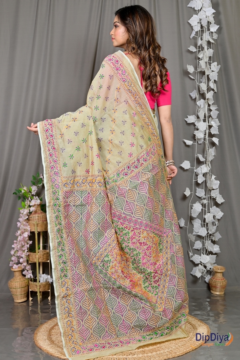 Off-White Cotton Varitikath Kantha Stitch Saree (597)