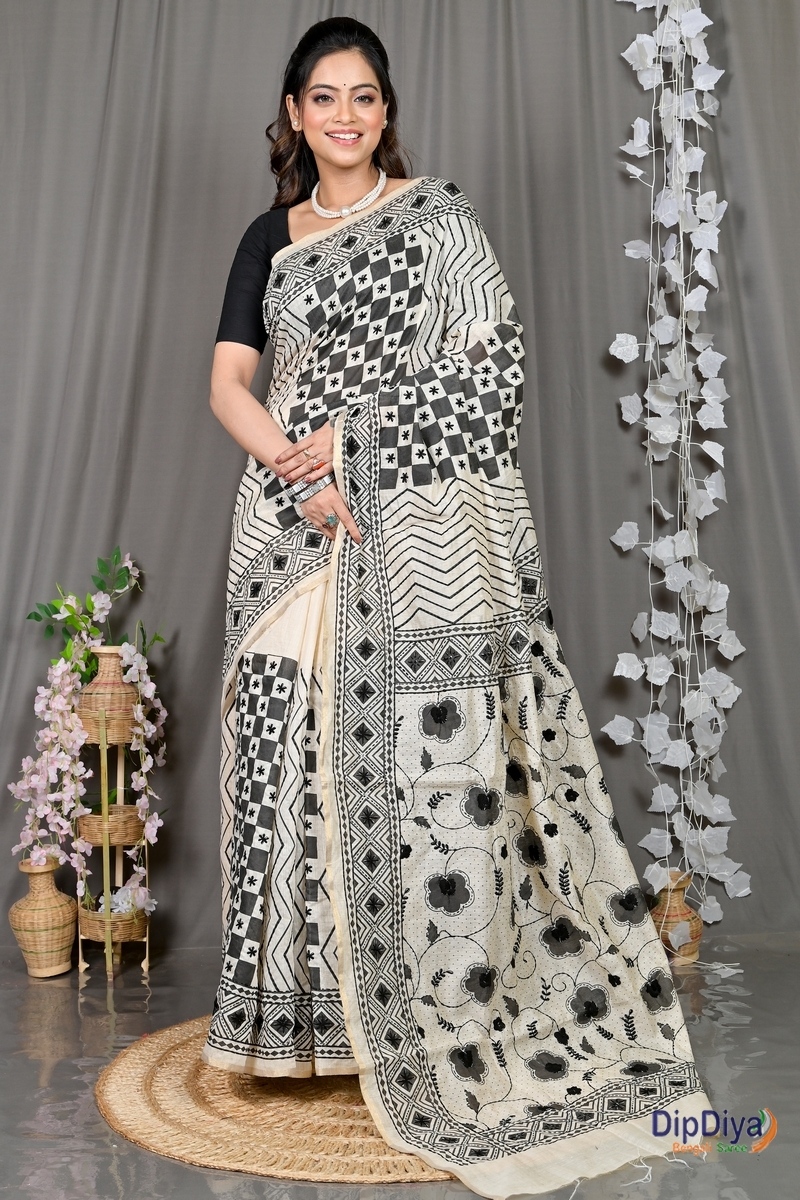White Cotton Varitikath Kantha Stitch Saree (598)