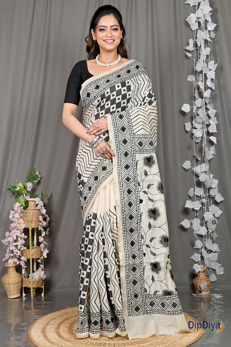 White Cotton Varitikath Kantha Stitch Saree (598)