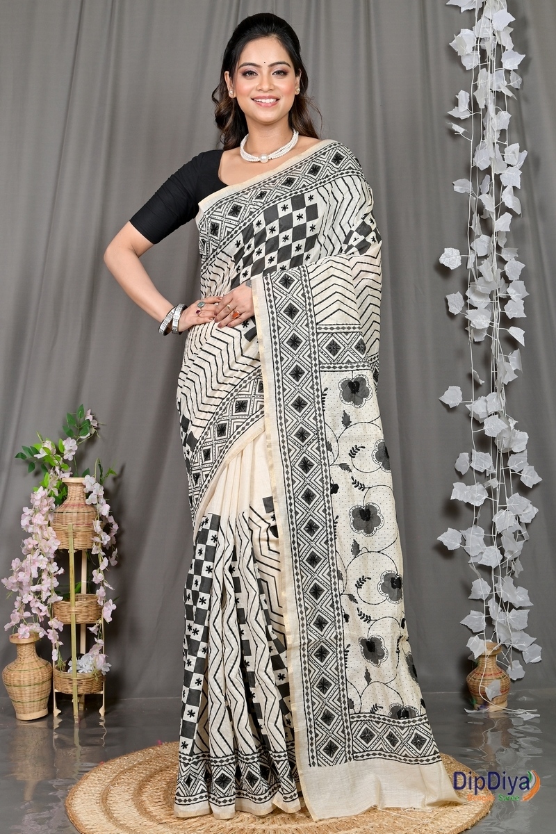 White Cotton Varitikath Kantha Stitch Saree (598)