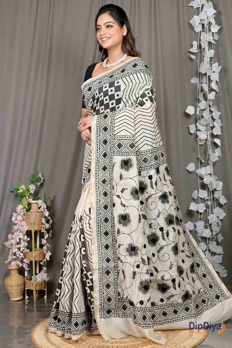 White Cotton Varitikath Kantha Stitch Saree (598)