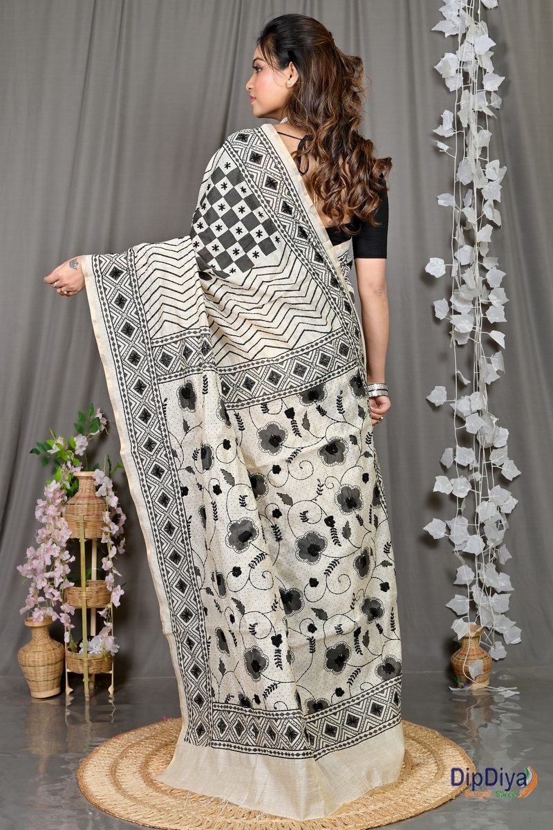 White Cotton Varitikath Kantha Stitch Saree (598)