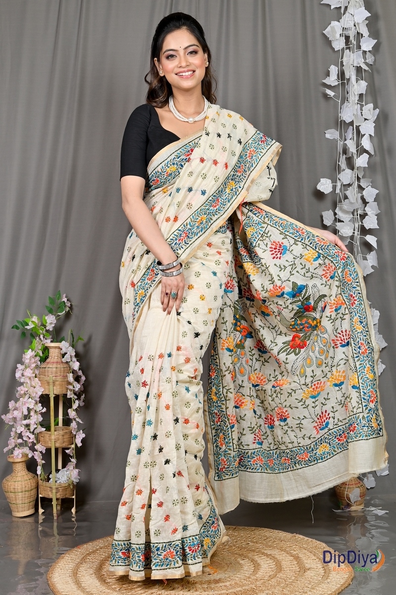 White Cotton Varitikath Kantha Stitch Saree (599)