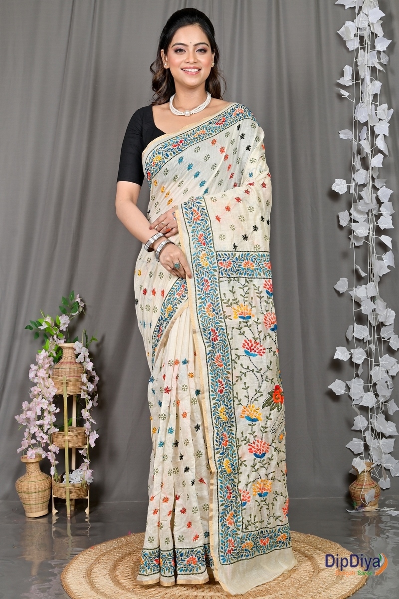White Cotton Varitikath Kantha Stitch Saree (599)