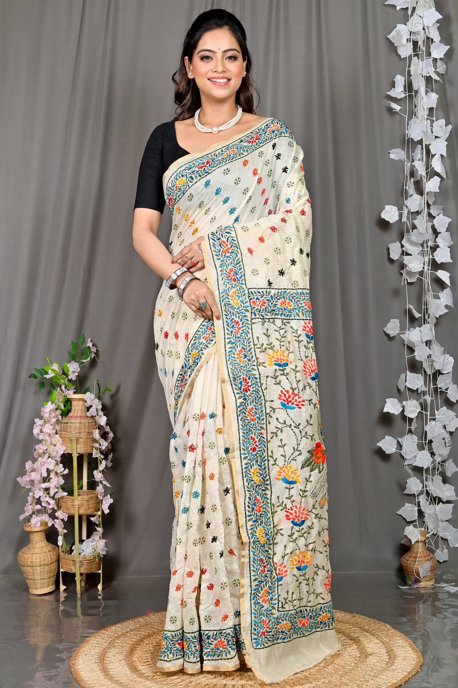 White Cotton Varitikath Kantha Stitch Saree (599)