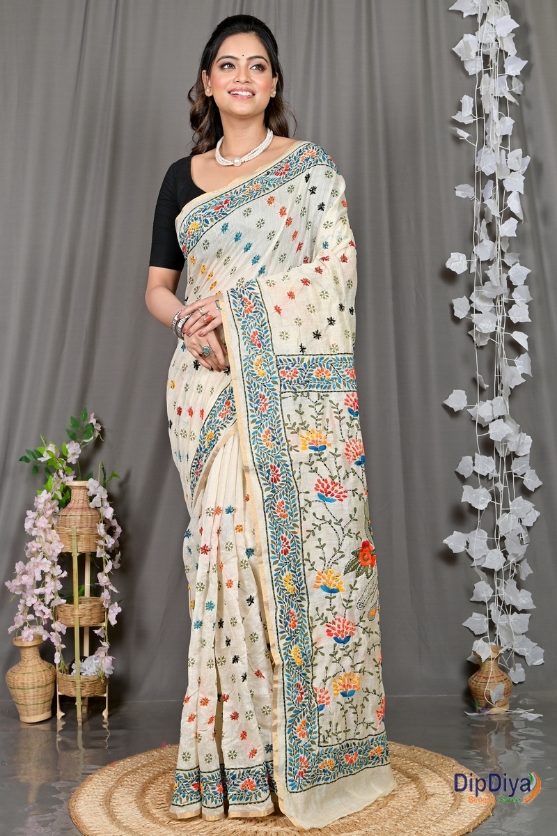 White Cotton Varitikath Kantha Stitch Saree (599)