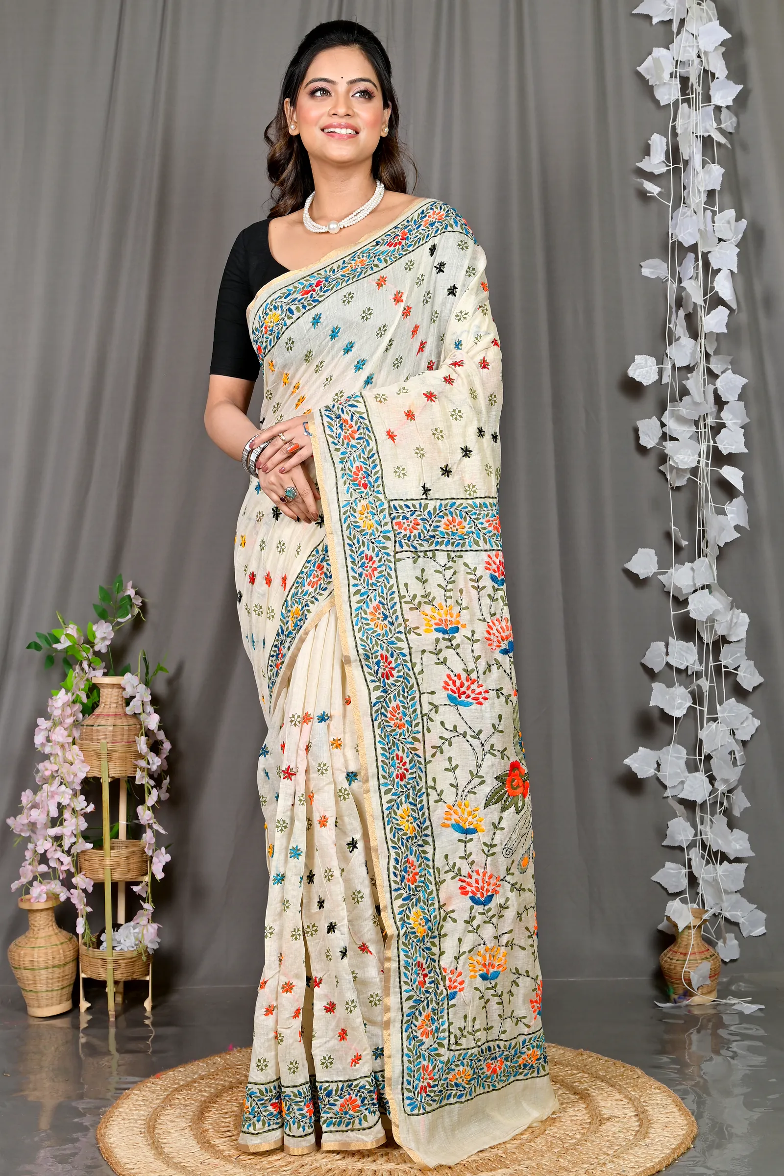 White Cotton Varitikath Kantha Stitch Saree (599)