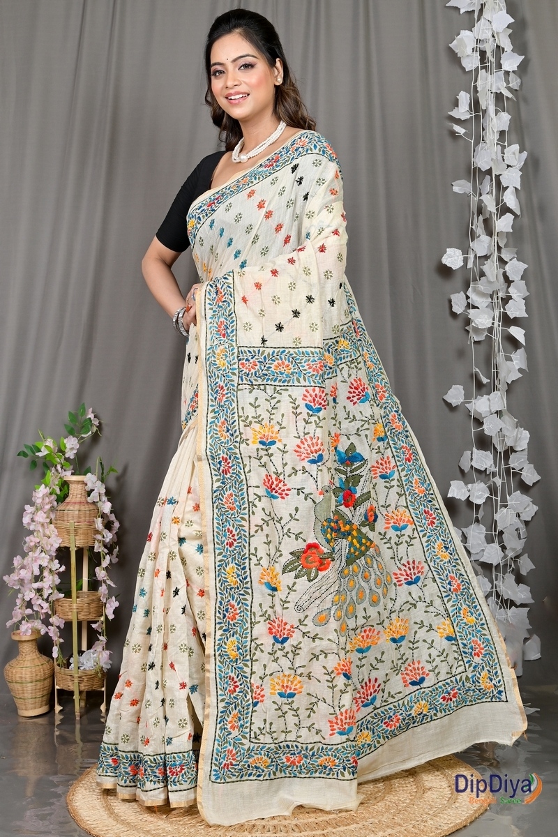 White Cotton Varitikath Kantha Stitch Saree (599)