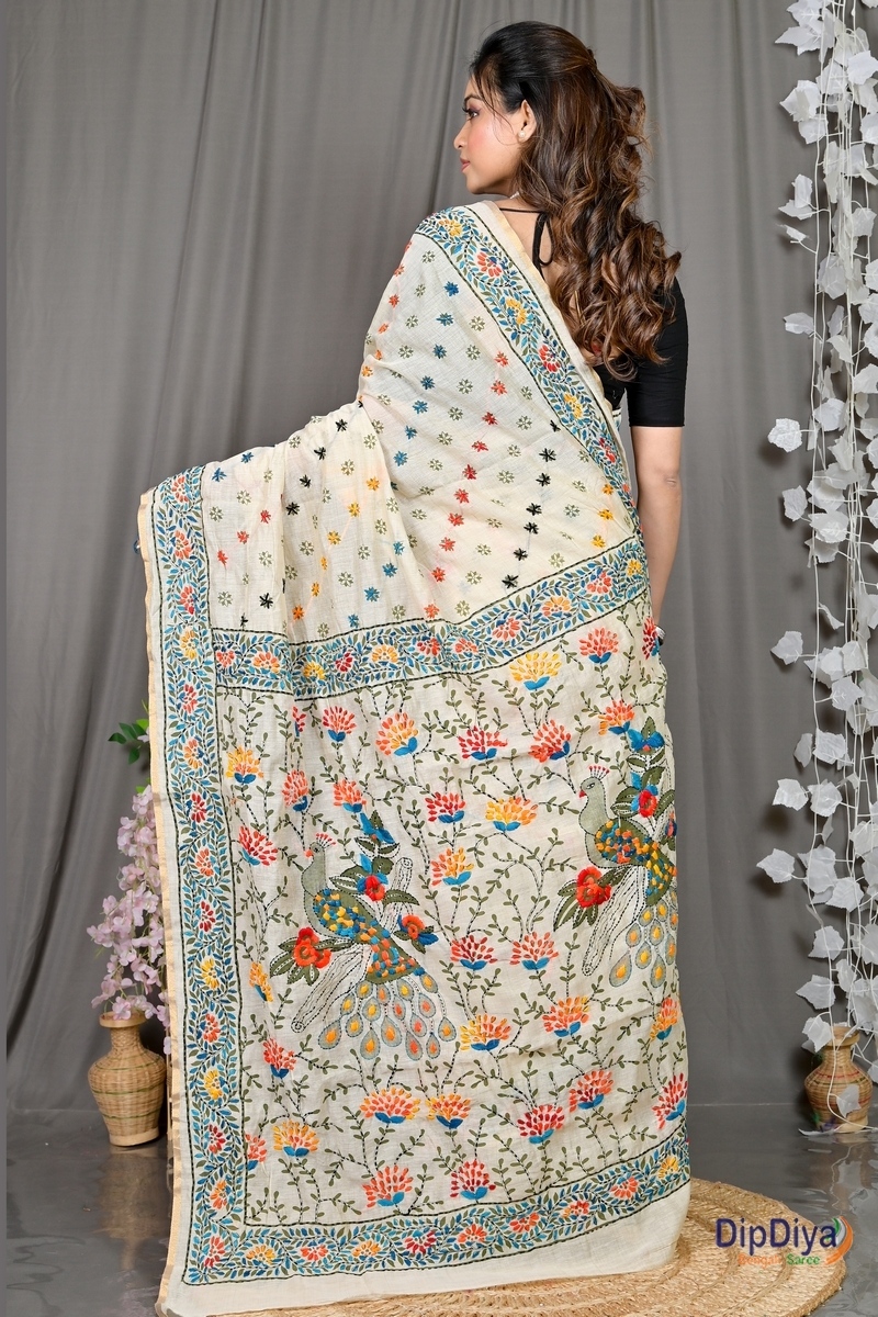 White Cotton Varitikath Kantha Stitch Saree (599)