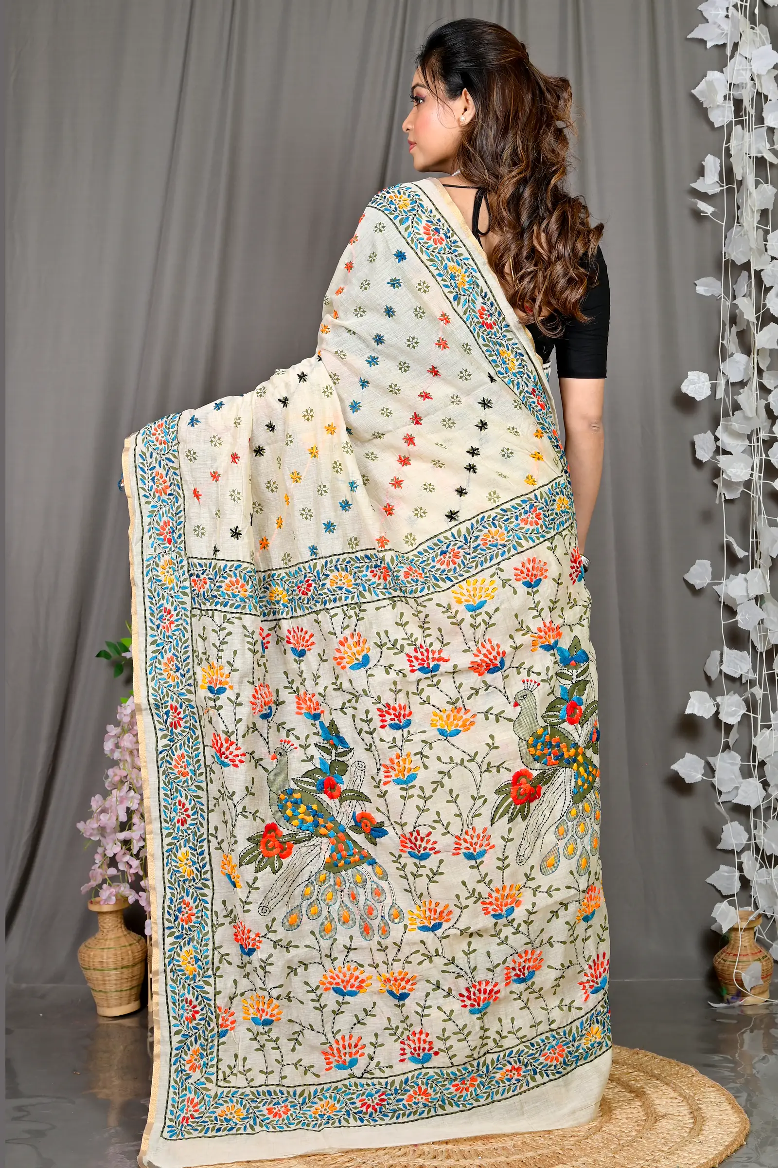 White Cotton Varitikath Kantha Stitch Saree (599)