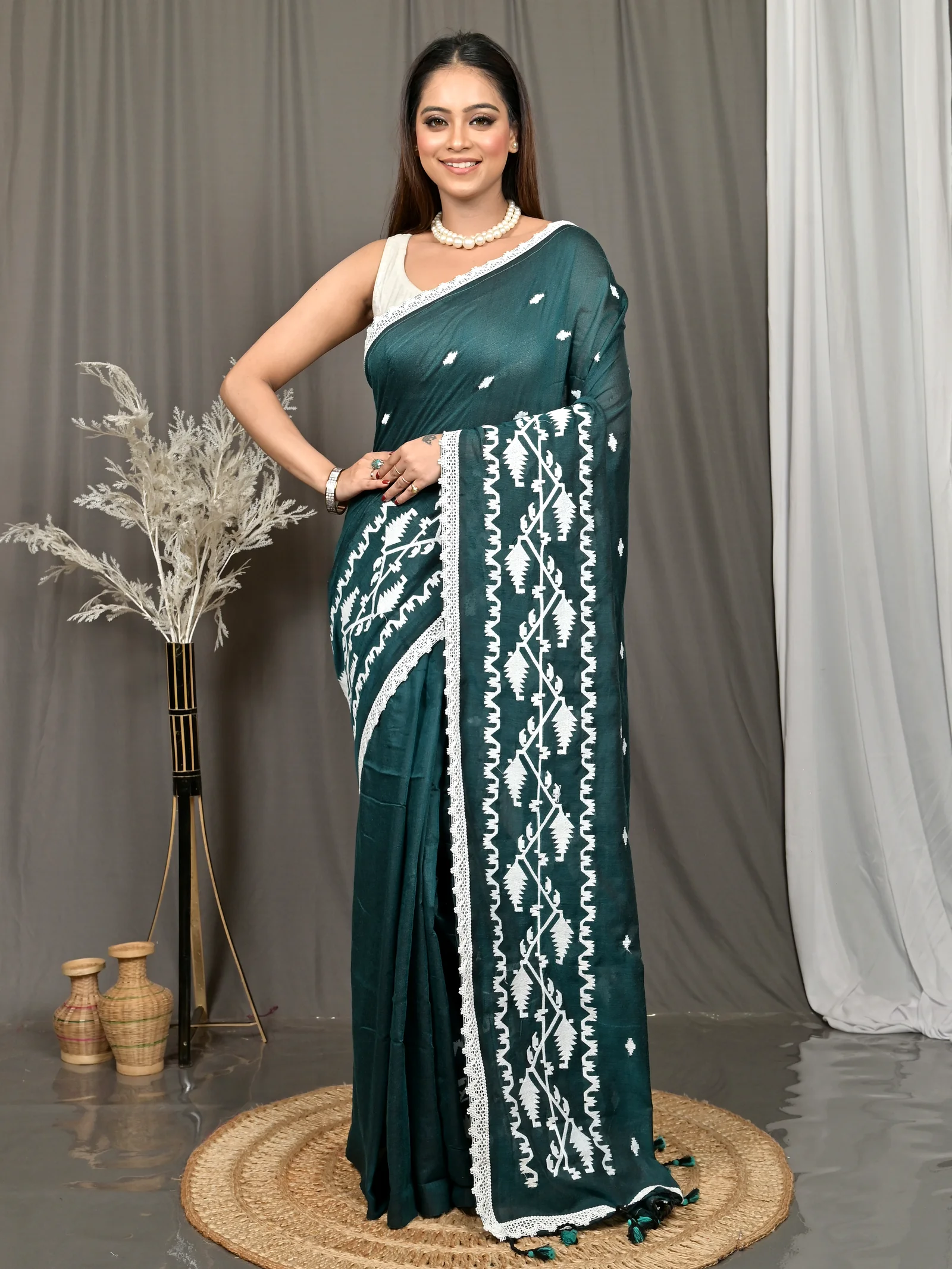 Dark Green Cotton Parepu Handloom Saree  (60)