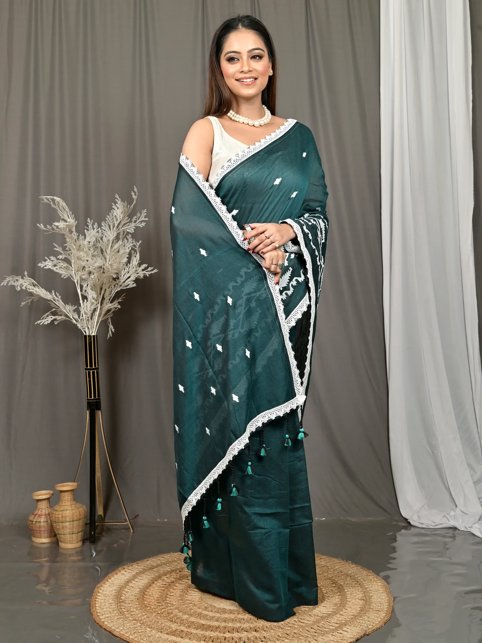 Dark Green Cotton Parepu Handloom Saree  (60)