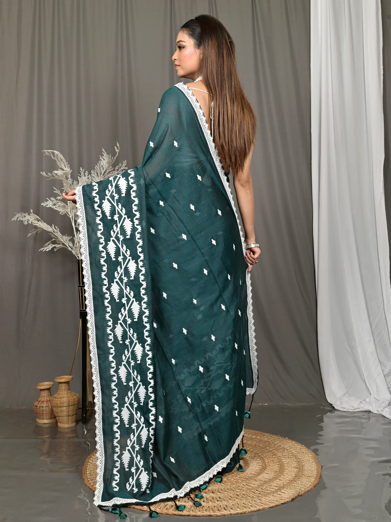 Dark Green Cotton Parepu Handloom Saree  (60)